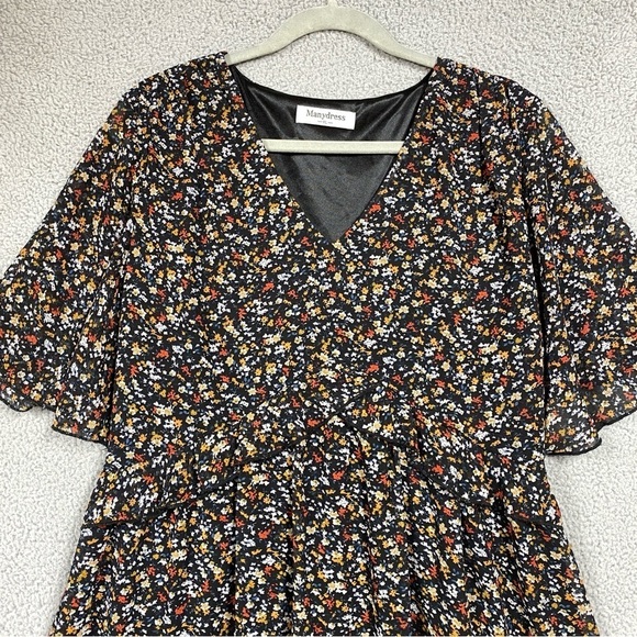 Manydress Floral Ruffle Dress Womens Size XL V Neck Sheer Sleeve - Picture 4 of 8
